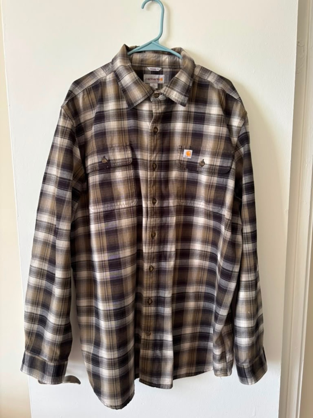Carhartt Men’s Brown and Cream Plaid Button-Down Work Shirt